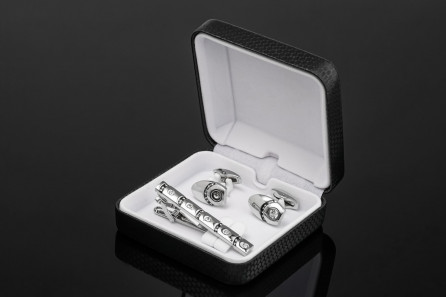 Set Stainless Steel Silver with Diamonds Cufflinks & Tie Clip